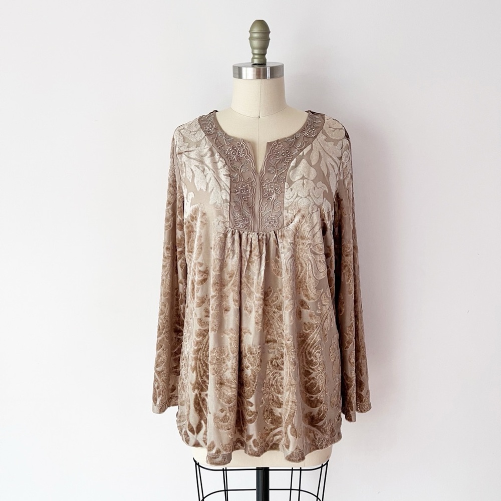 Krazy Kat Tunic Top Taupe Burnout Velvet Embroidered Split Neck‎ Long Sleeve S